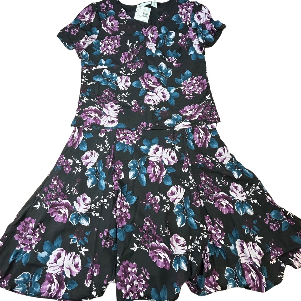 Jaclyn Smith Womens XL Floral Chiffon Skirt Set Black Purple 2 Piece NWT